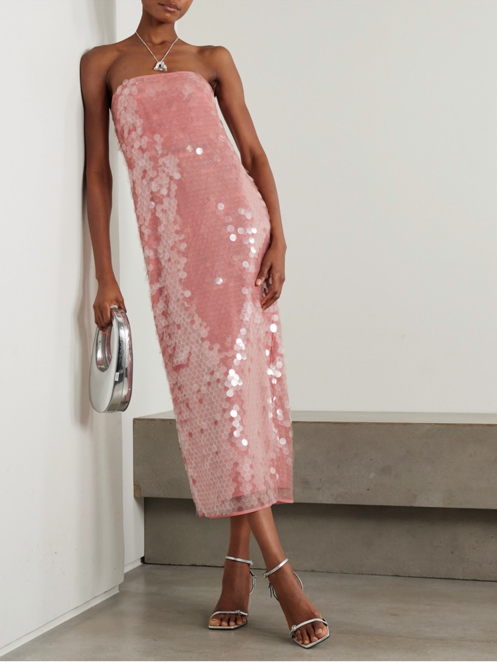 STAUD Pink Sequin Casey Strapless Midi Dress
